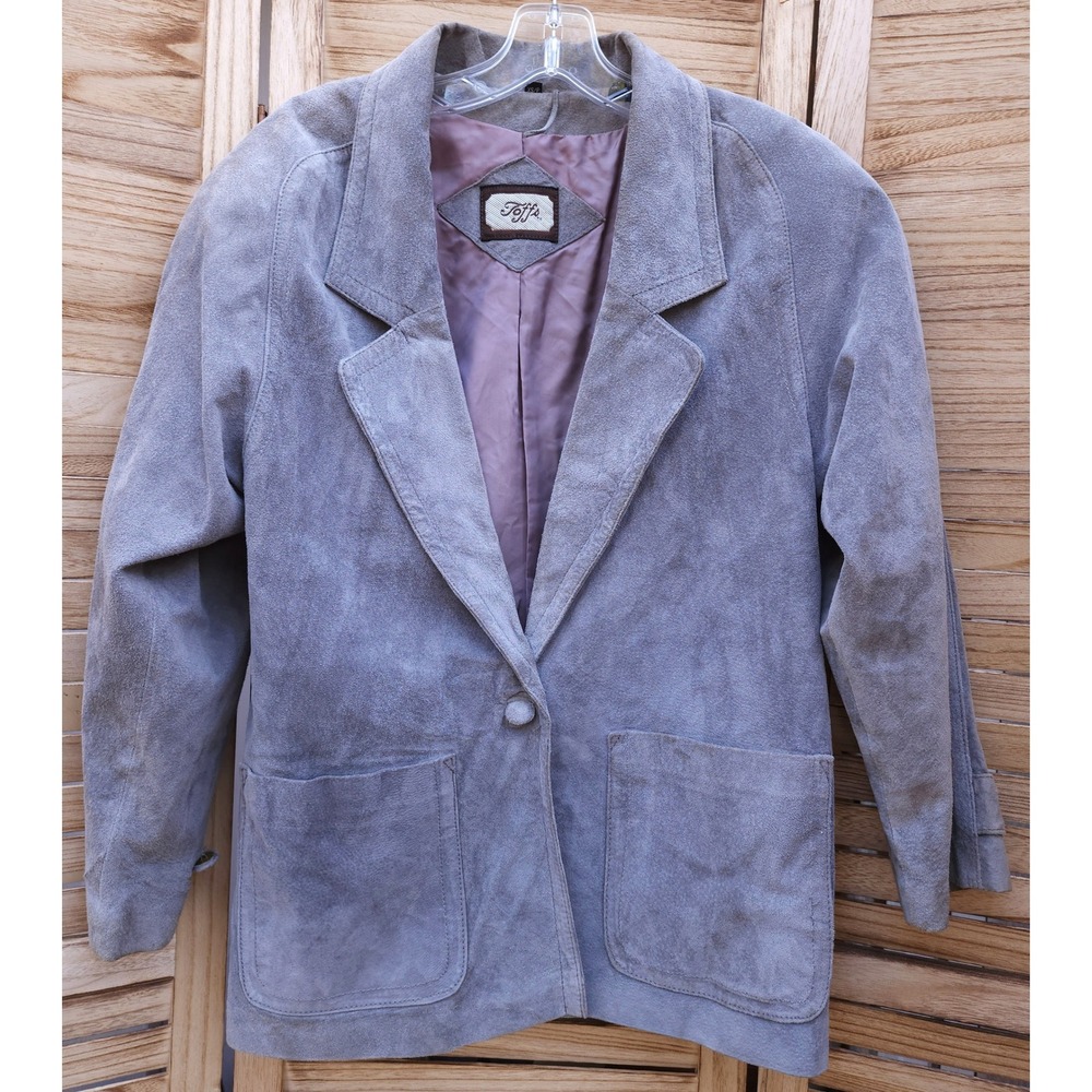Toffs Sz XS Grey Genuine Leather Suede Blazer Jacket Vintage Boho Tailored Fit